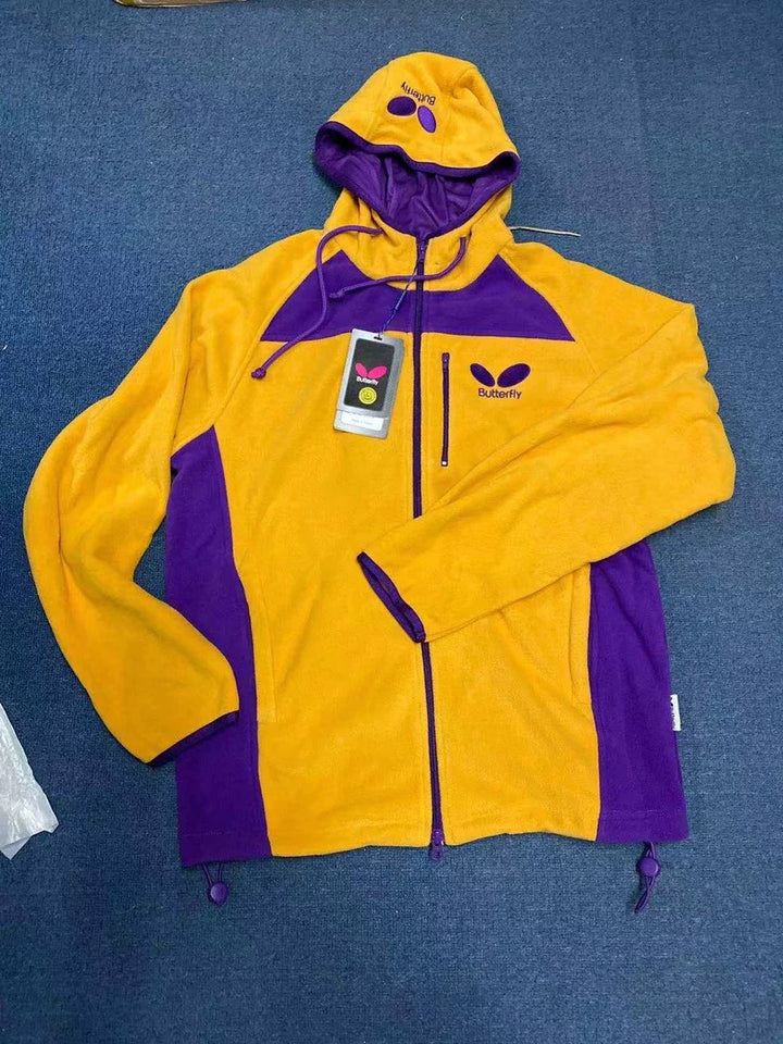 Butterfly Fleece Ping Pong Jacket – Yellow & Purple Classic Hooded Windbreaker with Embroidered Logo 0615