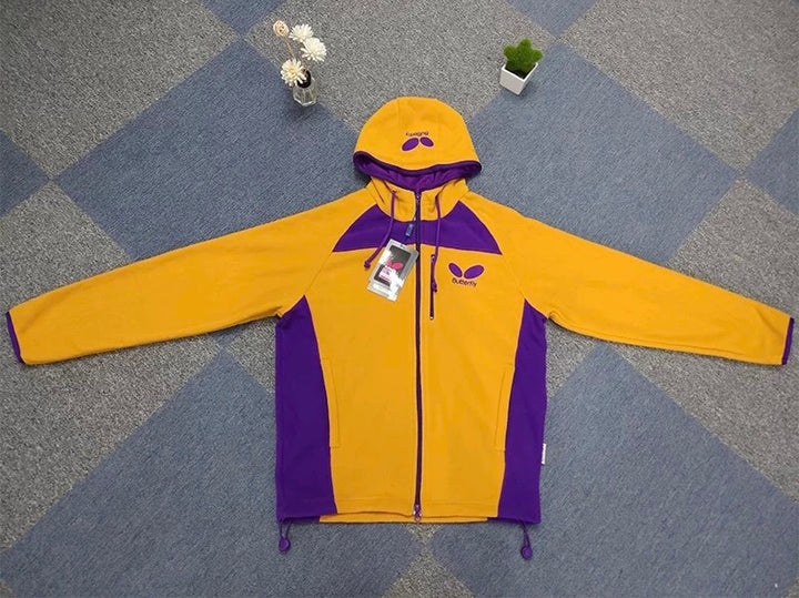 Butterfly Fleece Ping Pong Jacket – Yellow & Purple Classic Hooded Windbreaker with Embroidered Logo 0615