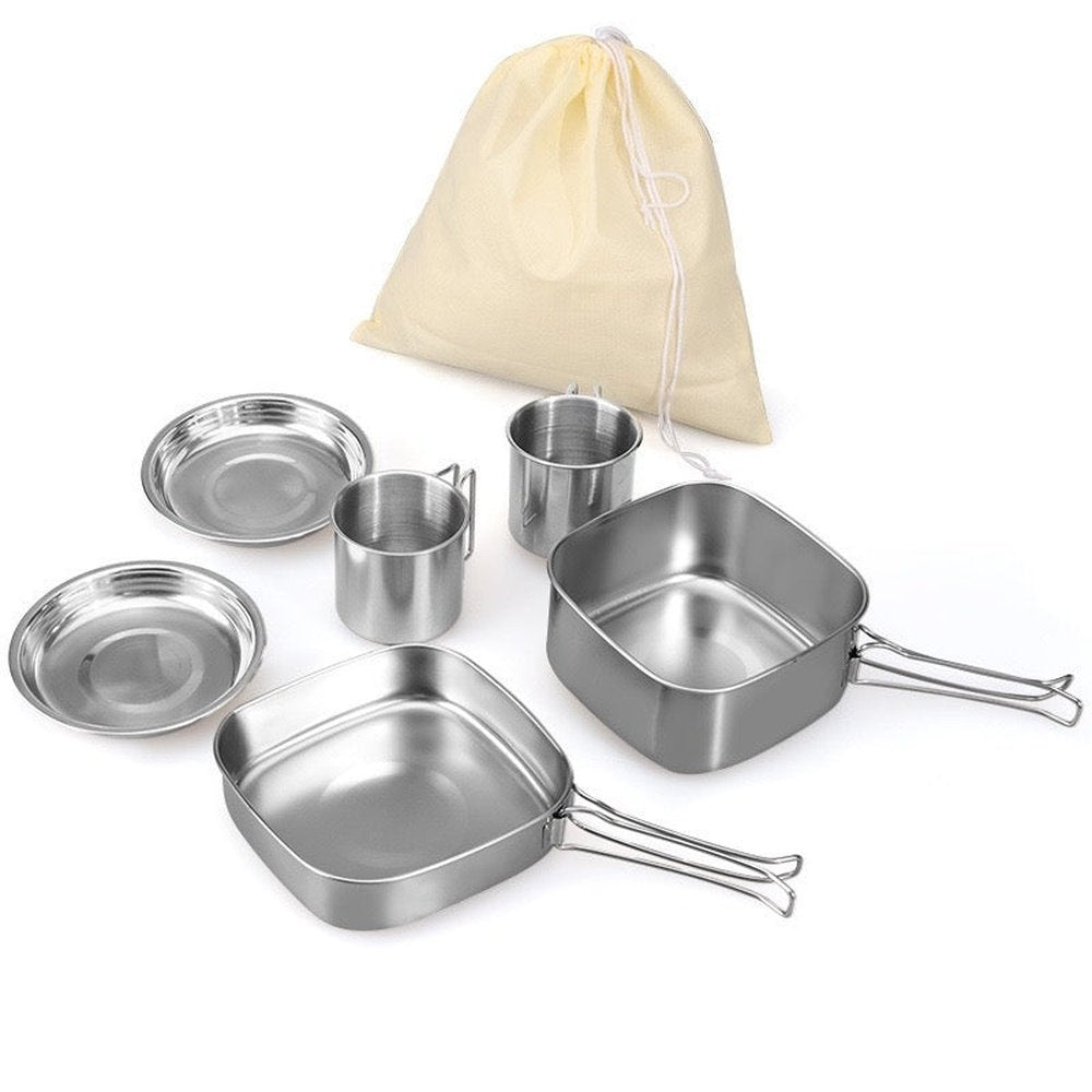 Six Pieces Stainless Steel Lunch Box Set Camping Pan Set CW-304 Portable Comes With Storage Bag