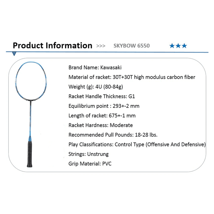 Kawasaki Skybow 6550 Badminton Racket 83g max 28lbs